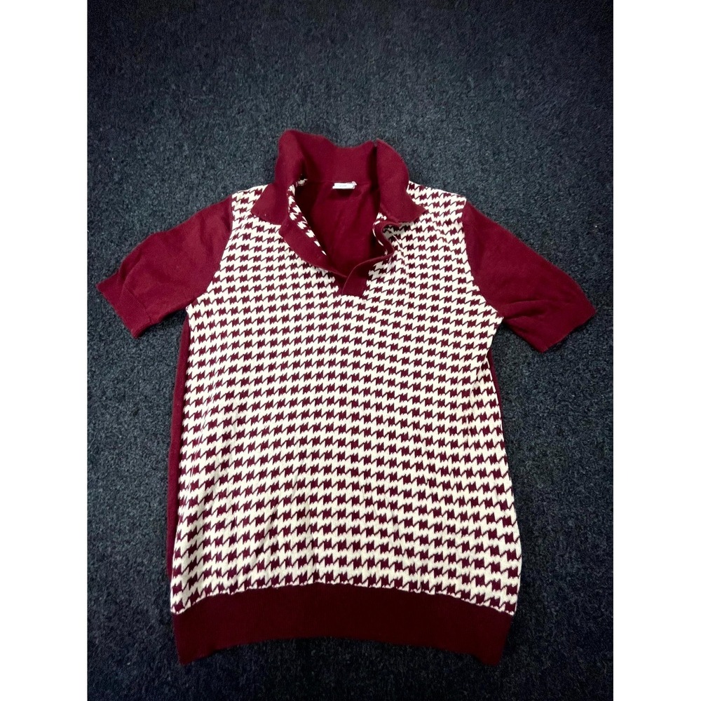 VTG Urban Outfitters Polo Sweater Womens Medium Burgundy Houndstooth‎ Tight Knit